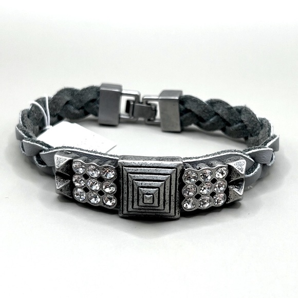 NWT Lia sophia “Confidant" bracelet, gray 8” braided leather w/ cut crystals - Picture 1 of 11